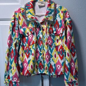 Savanna‎ Jane Rhinestone Trimmed Collar Retro Fun Geometric Colorful Jacket Sz M